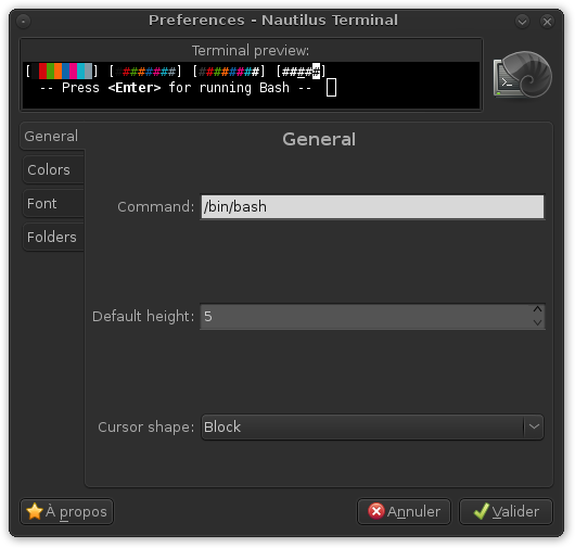 Capture d'écran de la fenêtre de préférences de Nautilus Terminal 0.1 (1er onglet)