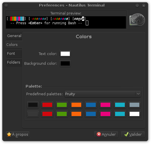 Capture d'écran de la fenêtre de préférences de Nautilus Terminal 0.1 (2ème onglet)