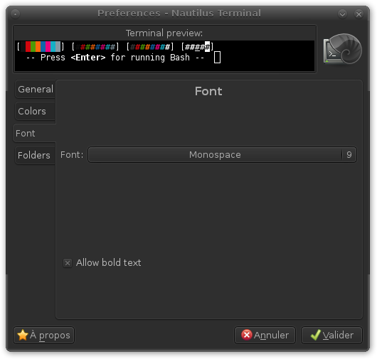 Capture d'écran de la fenêtre de préférences de Nautilus Terminal 0.1 (3ème onglet)