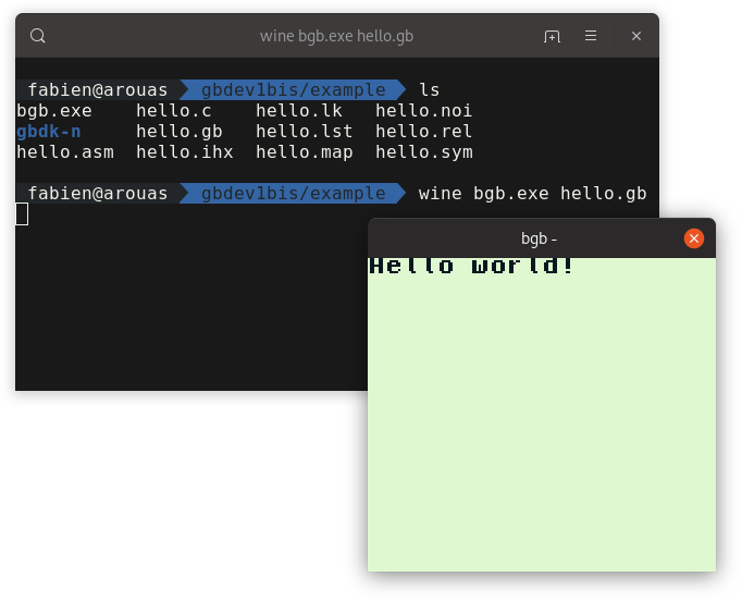 Capture d'écran du programme s'exécutant dans BGB sous Linux