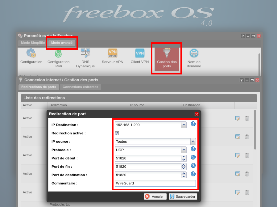 Capture d'écran de la configuration du port forwarding sur une Freebox v6 de Free