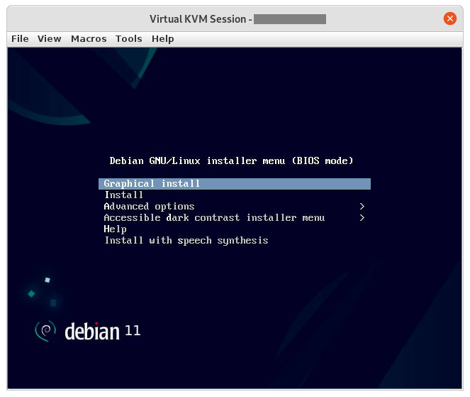 Capture d'écran de la fenêtre du KVM sur le menu d'installation de Debian 11