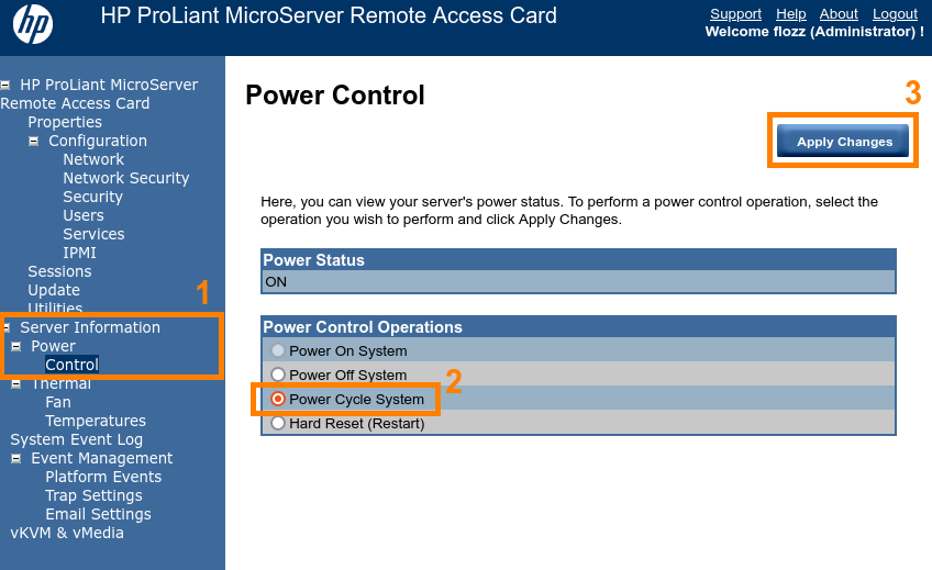Capture d'écran de la page « Power Control » de la carte RAC