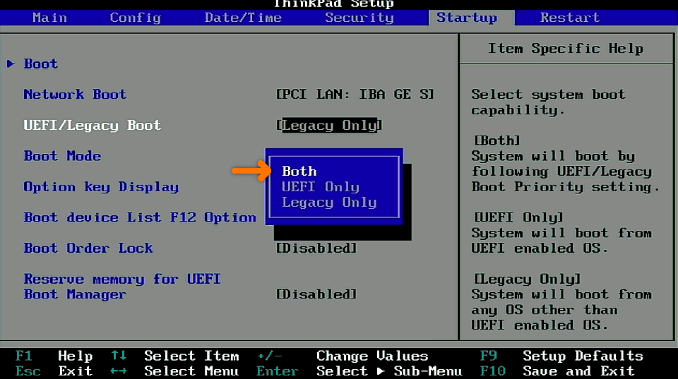 Capture d'écran du menu « Startup » du BIOS avec la séletion de la méthode de démarrage
