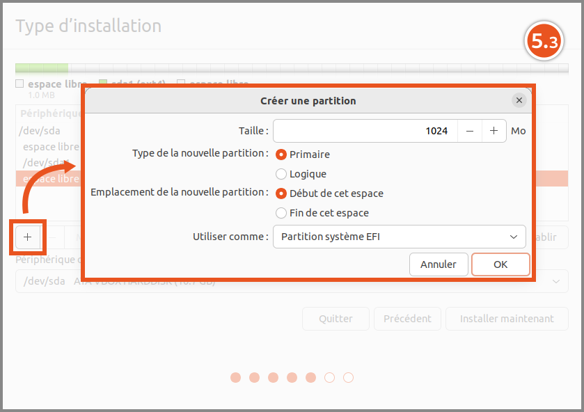 Installation d'Ubuntu : Outil de partionnement : Ajout de la partition EFI