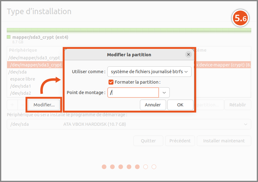 Installation d'Ubuntu : Outil de partionnement : modification de la partition ext4 en partition Btrfs