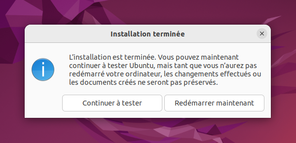 Installation d'Ubuntu : redémarrage final