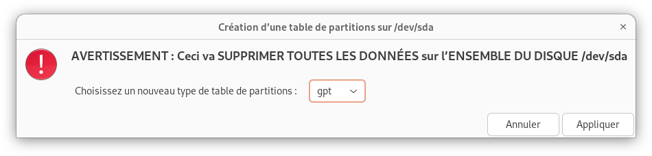 Création de la table de partition GPT