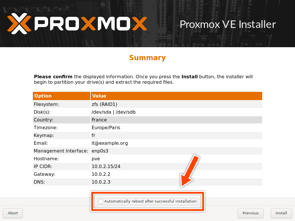 Proxmox : résumé de l'installation
