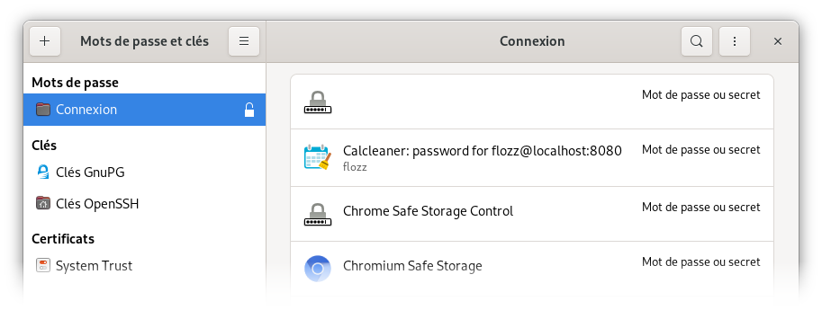 Aperçu d'un mot de passe enregistré dans le trousseau de clefs de GNOME par CalCleaner