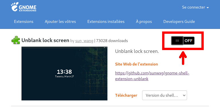 Capture d'écran de l'extension unblank sur le site des extensions de GNOME Shell