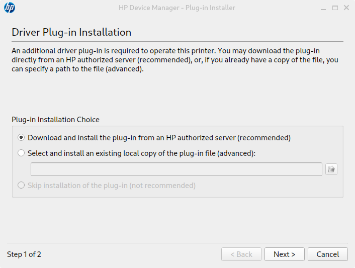Installation du plugin HPLIP depuis les serveurs de HP