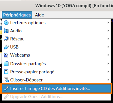 Capture d'écran du menu « Périphériques » de VirtualBox