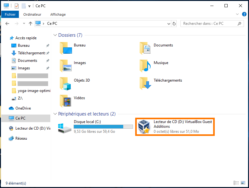 Capture d'écran de l'explorateur Windows avec le CD des Additions invité inséré