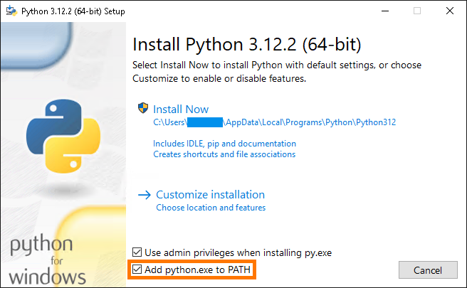 Python Windows installer : case à cocher pour ajouter le programme au PATH.