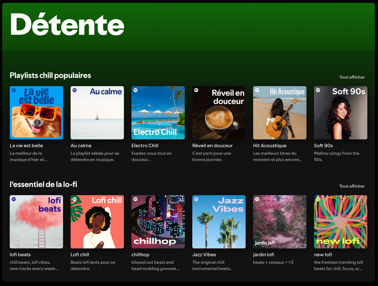 Capture d'écran : Playlists d'ambiance de Spotify dans lesquelles on peut retrouver les musiques du programme « Perfect Fit Content »