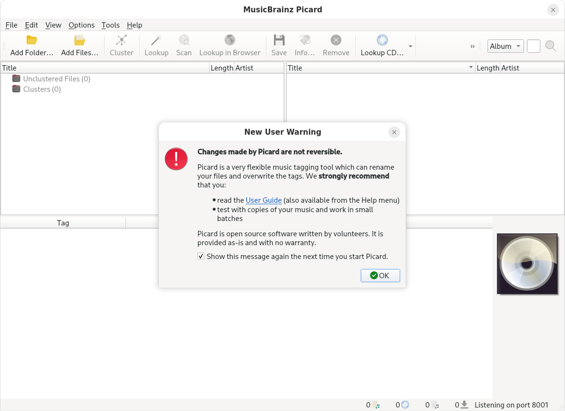 Avertissement au démarrage de MusicBrainz Picard