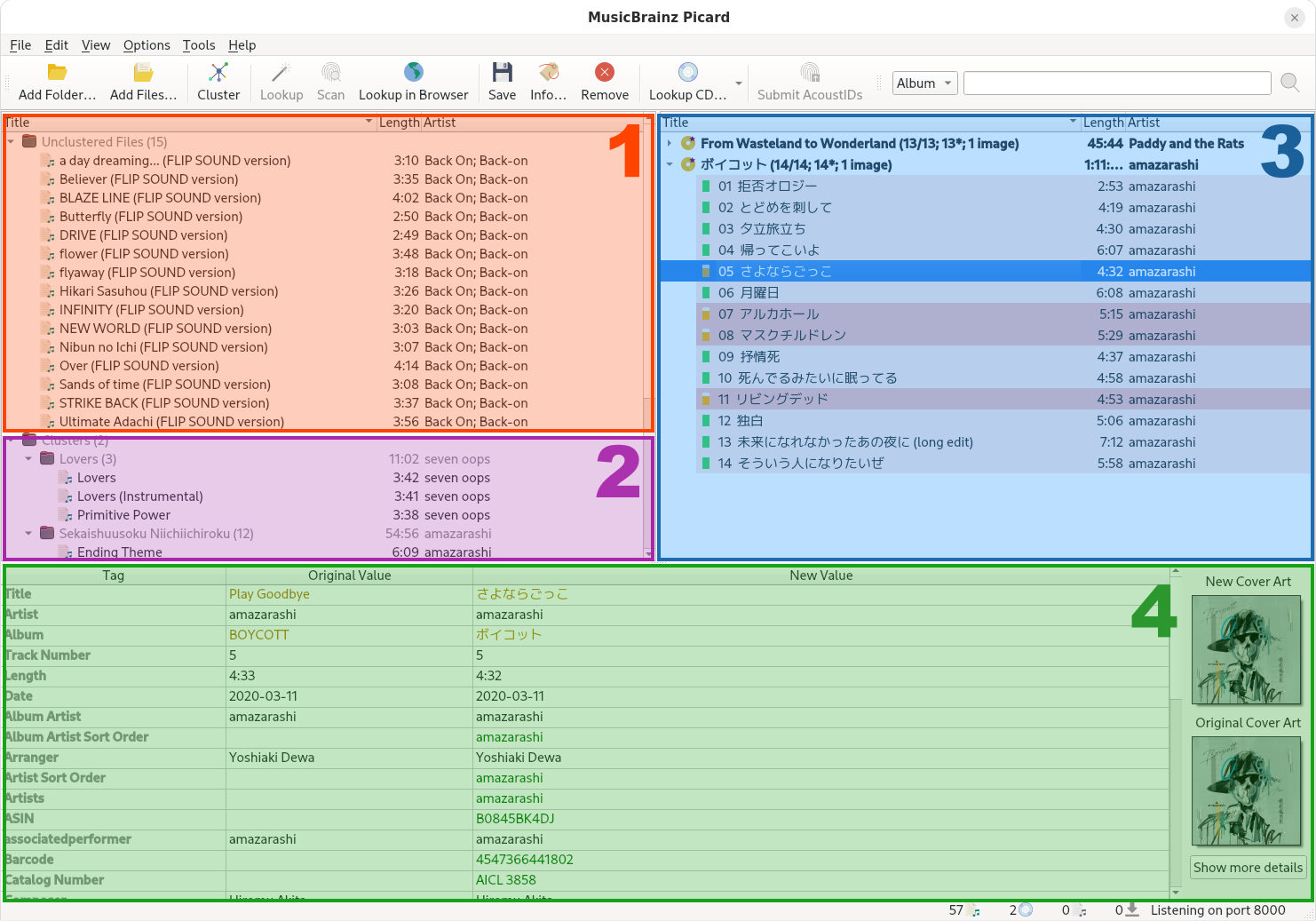 Capture d'écran : Organisation de l'interface de MusicBrainz Picard