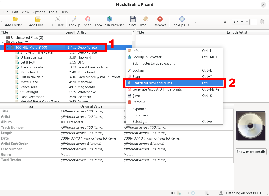 Recherche manuelle de l'album dans MusicBrainz Picard