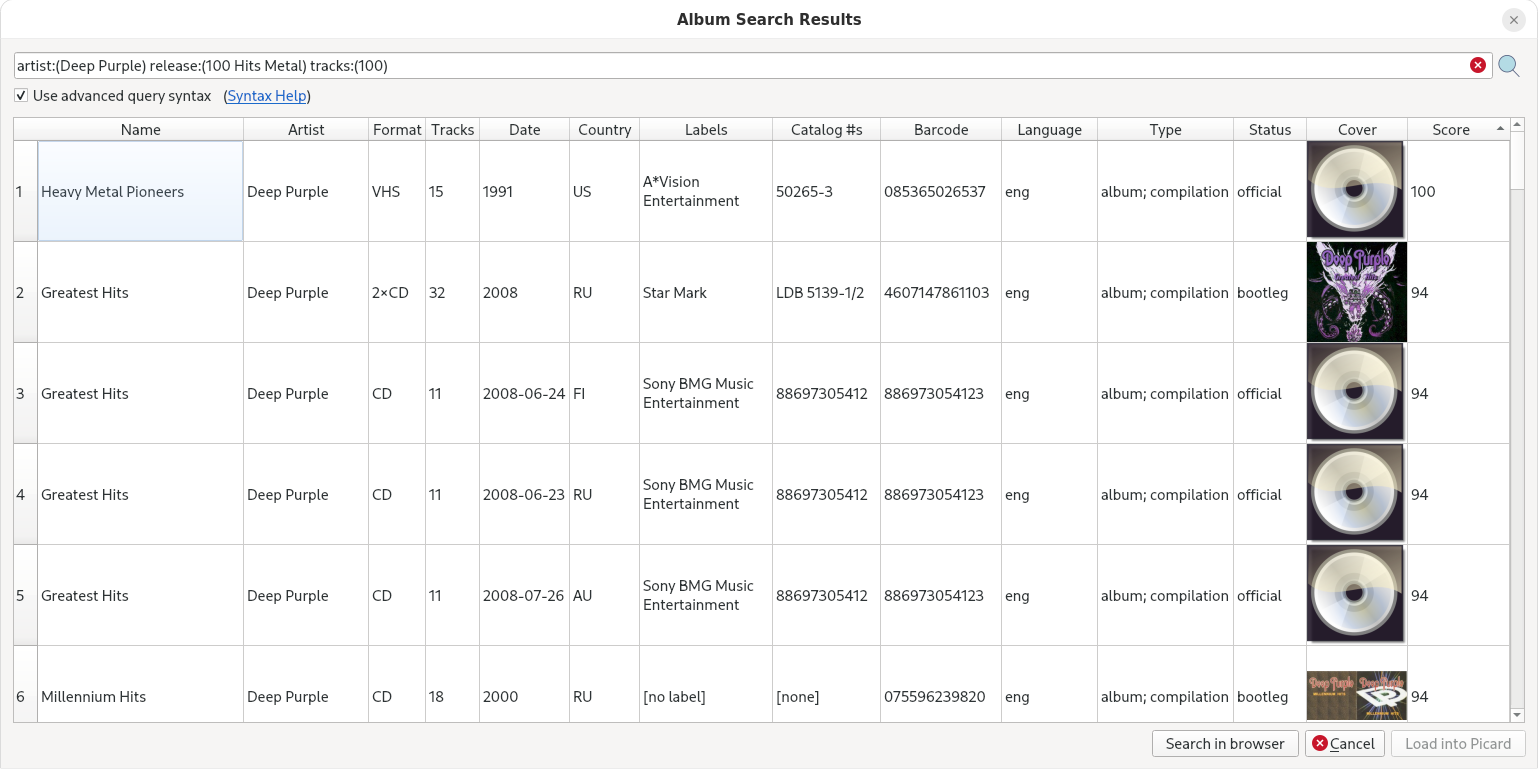 Fenêtre de recherche d'album de MusicBrainz Picard
