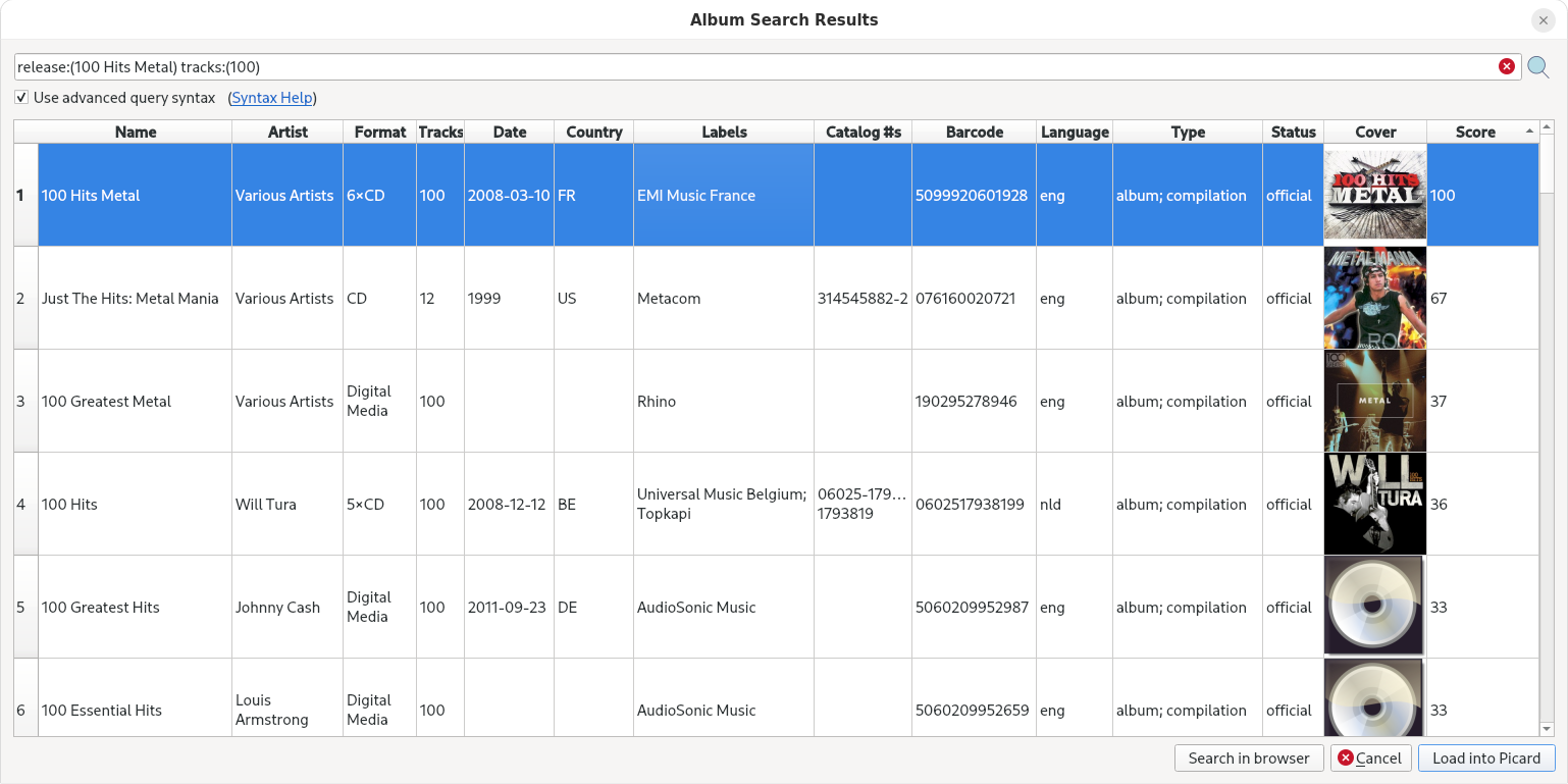 Fenêtre de recherche d'album de MusicBrainz Picard, avec le bon résultat