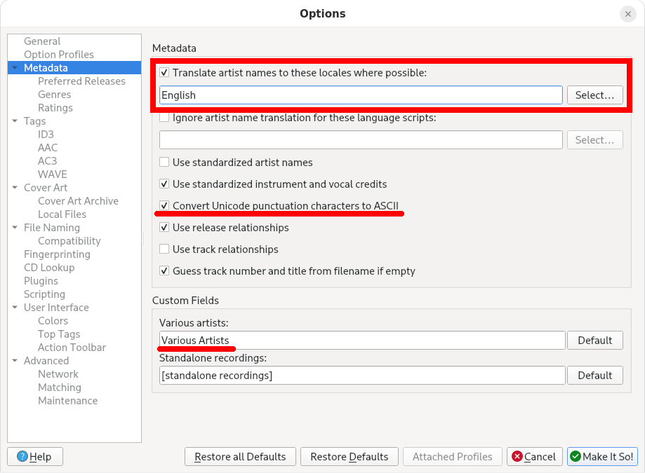 Configuration des métadonnées de MusicBrainz Picard
