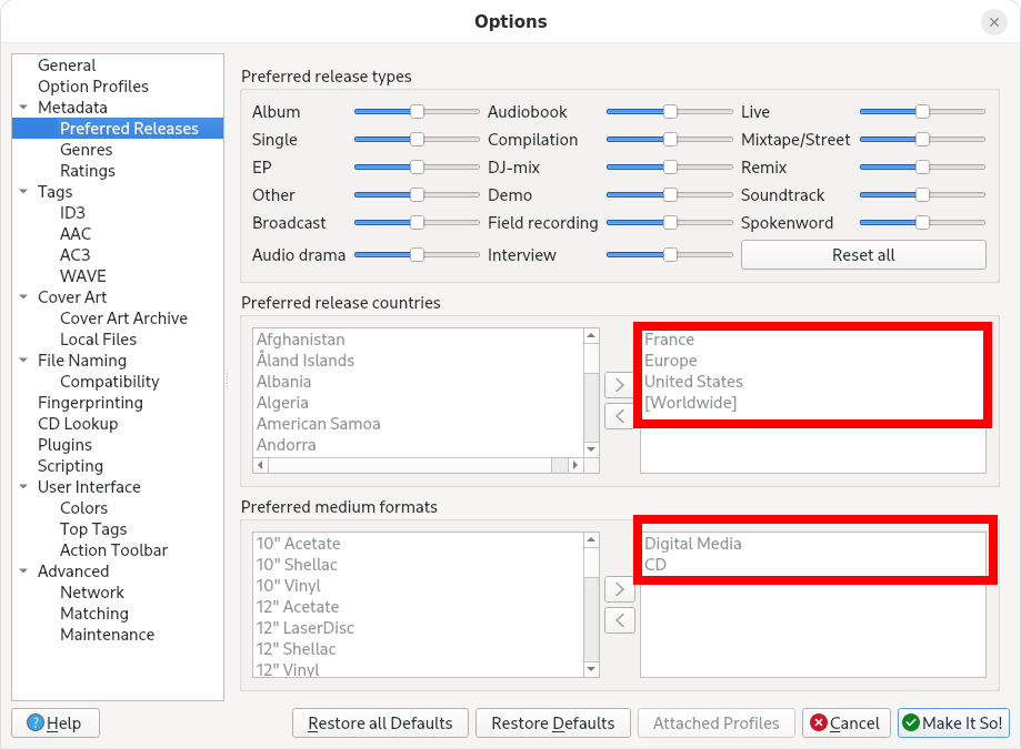 Configuration des releases préférées de MusicBrainz Picard
