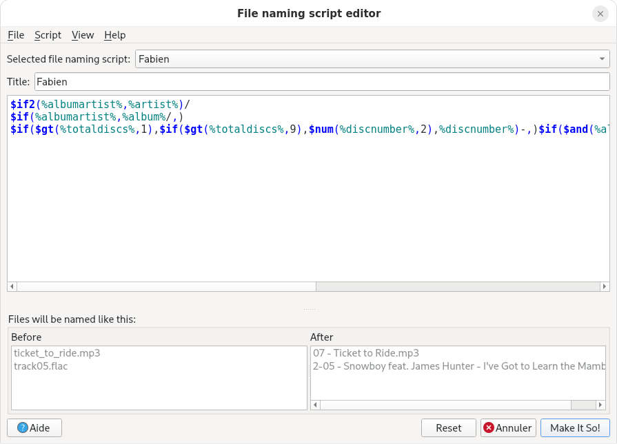 Configuration du script de renommage des fichiers de MusicBrainz Picard